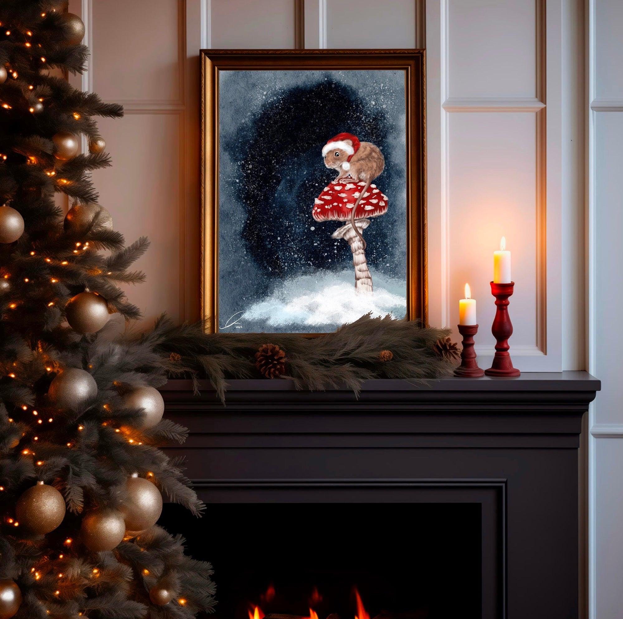 Winter snowy Christmas brown mouse on a mushroom art print illustration art decor wall decor mouse art forestcore mushroomcore cottagecore