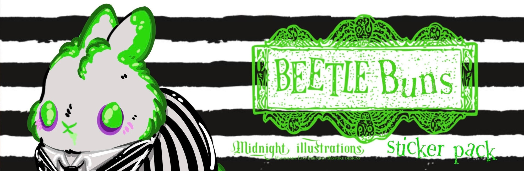 Beetlejuice inspired the buns sticker pack figuring battle bun, Lydia bun and bedsheet ghosts bun and Tim burton inspired accessories