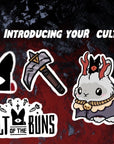 Cult of the buns sticker pack featuring main and side character stickers logo stickers and game inspired accessories