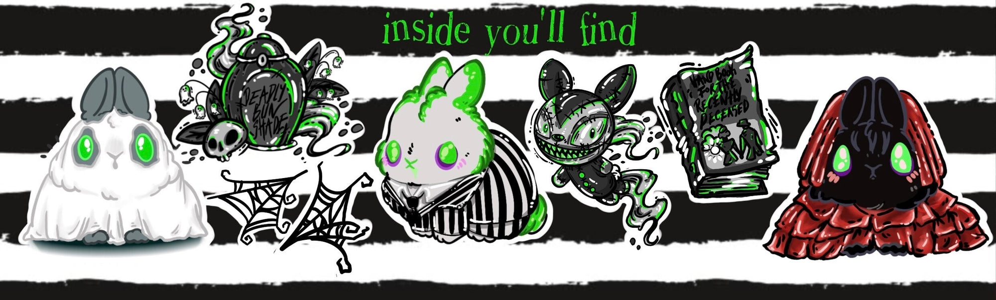 Beetlejuice inspired the buns sticker pack figuring battle bun, Lydia bun and bedsheet ghosts bun and Tim burton inspired accessories