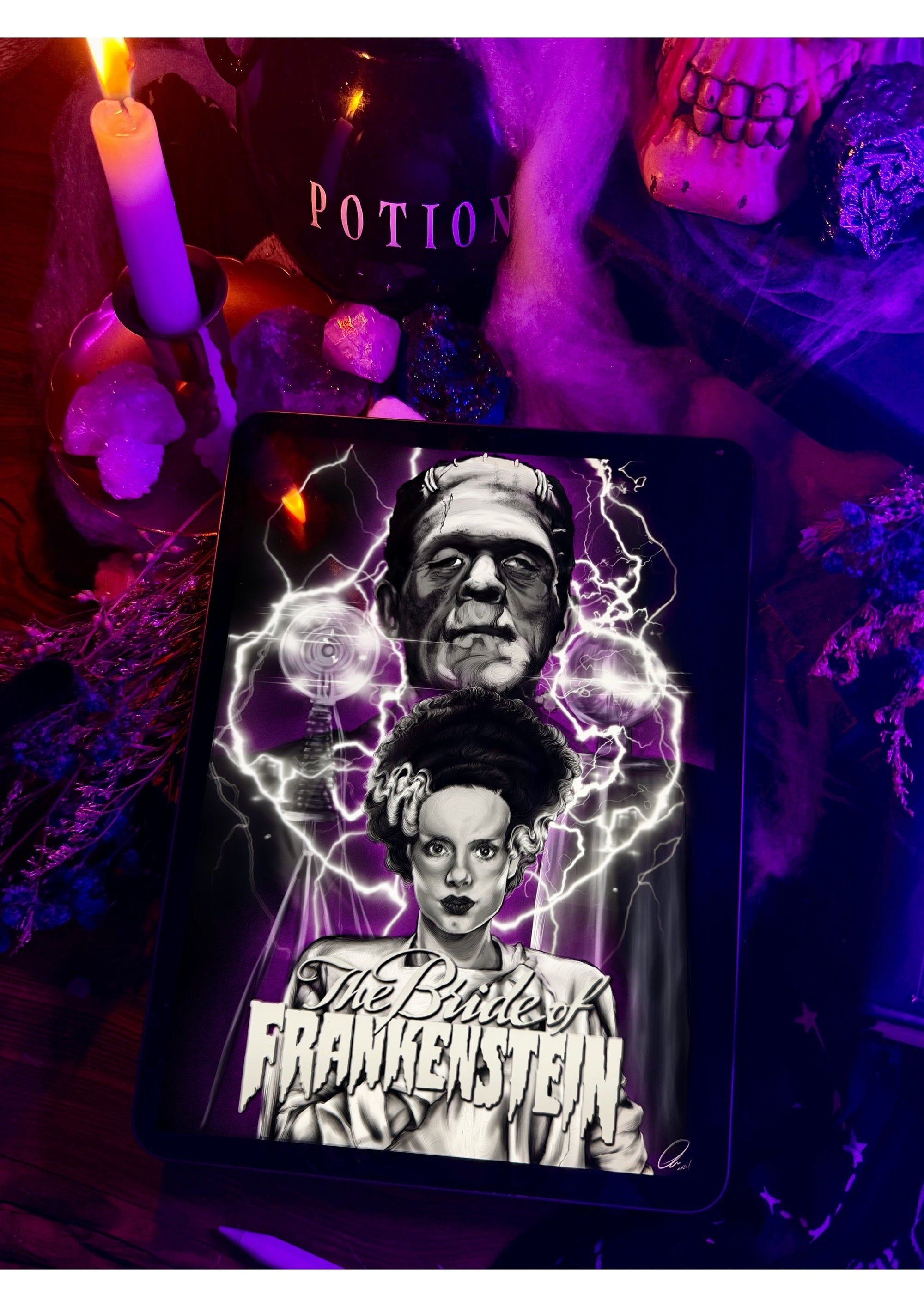 Bride of Frankenstein, horror, Halloween, spooky, gothic, eco friendly art illustration gallery print