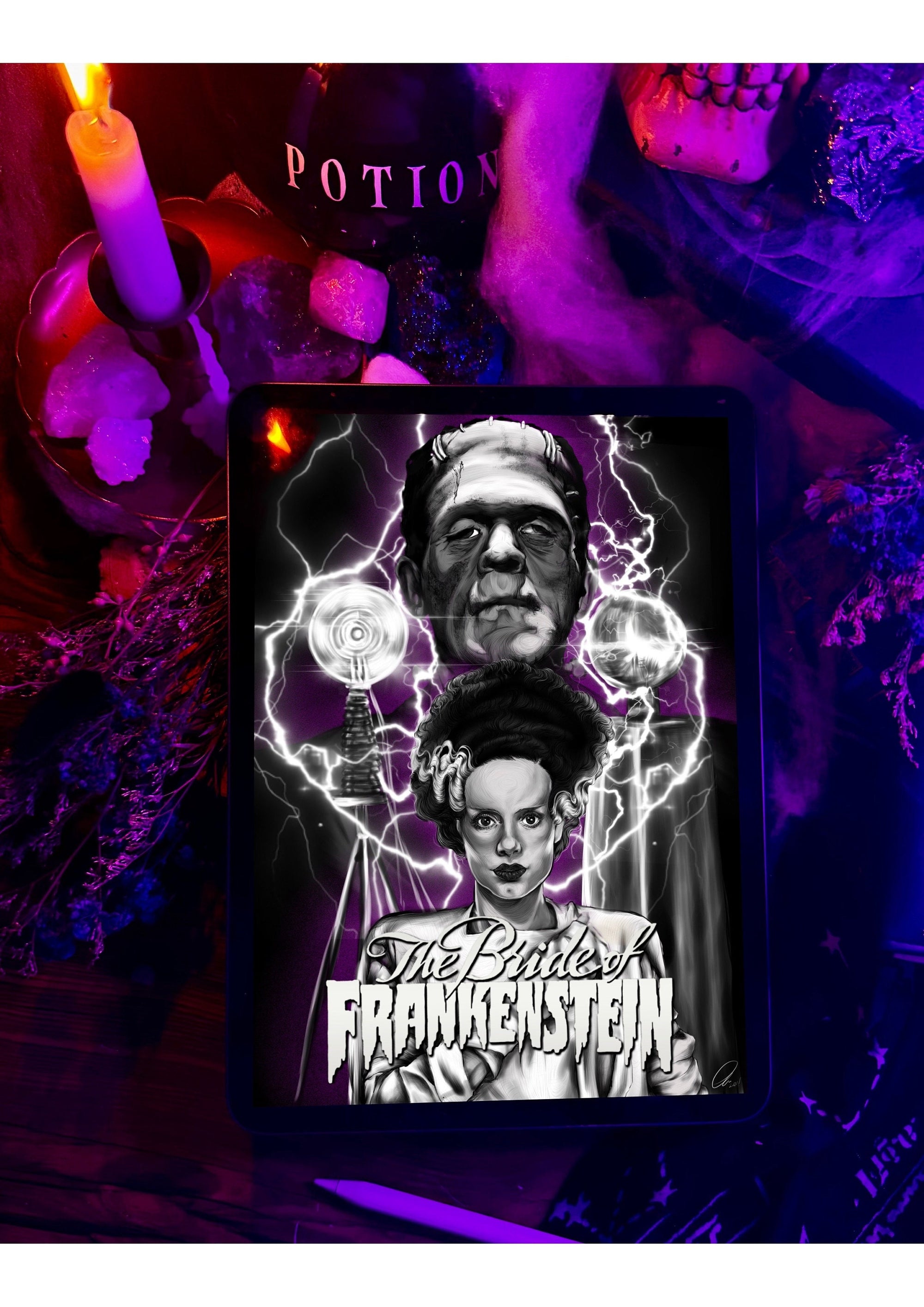 Bride of Frankenstein, horror, Halloween, spooky, gothic, eco friendly art illustration gallery print