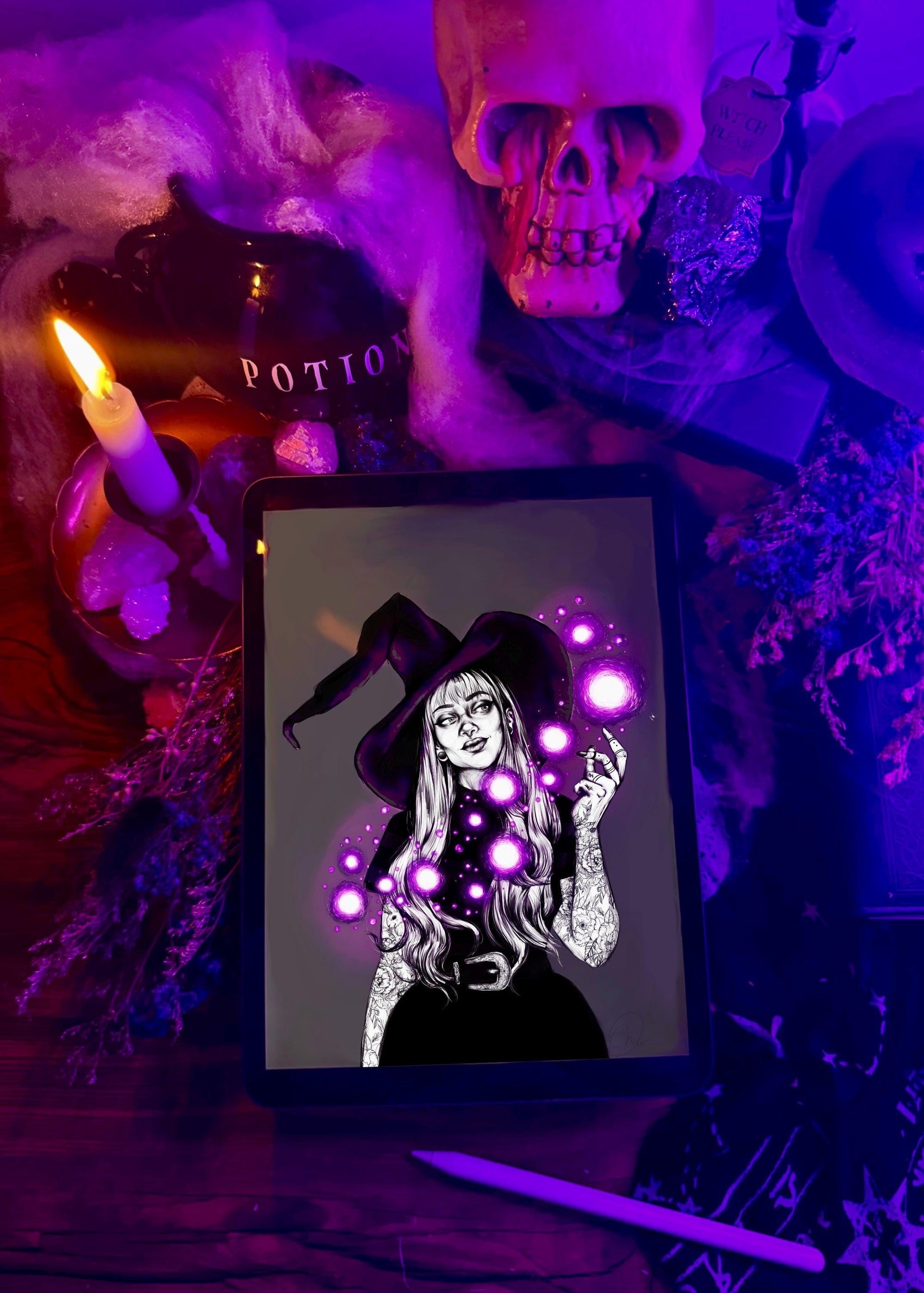 hand drawn Digital, purple, Witch. art print. home decor, gallery print. Purple glowing witch print. Femal portrait. Illustration. Fantasy