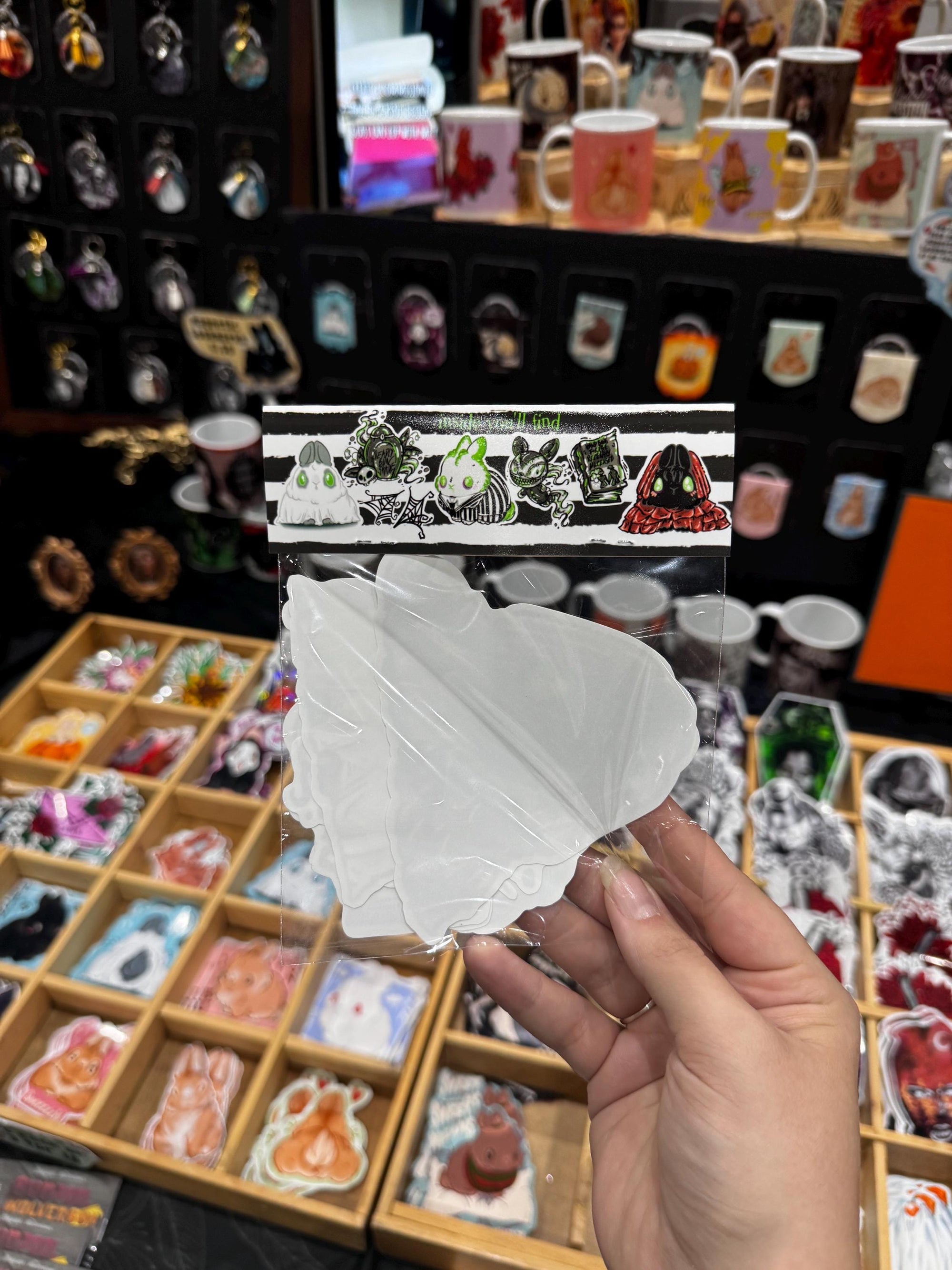 Beetlejuice inspired the buns sticker pack figuring battle bun, Lydia bun and bedsheet ghosts bun and Tim burton inspired accessories