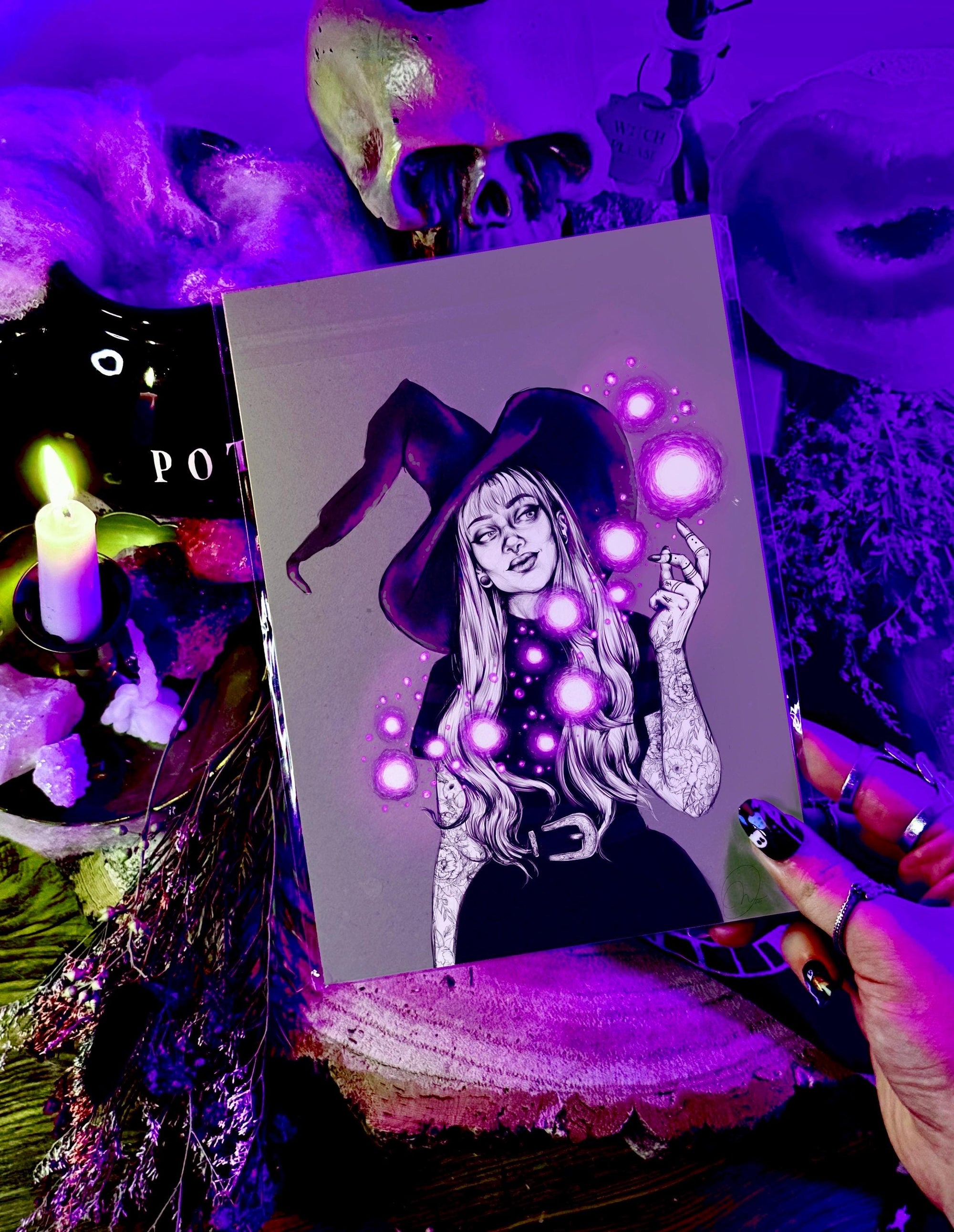 hand drawn Digital, purple, Witch. art print. home decor, gallery print. Purple glowing witch print. Femal portrait. Illustration. Fantasy