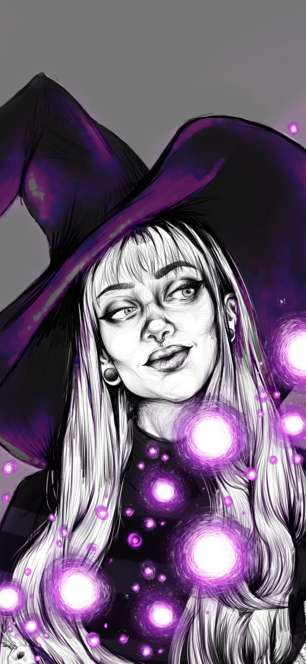 hand drawn Digital, purple, Witch. art print. home decor, gallery print. Purple glowing witch print. Femal portrait. Illustration. Fantasy