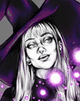 hand drawn Digital, purple, Witch. art print. home decor, gallery print. Purple glowing witch print. Femal portrait. Illustration. Fantasy
