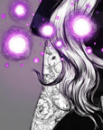 hand drawn Digital, purple, Witch. art print. home decor, gallery print. Purple glowing witch print. Femal portrait. Illustration. Fantasy