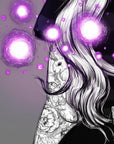 hand drawn Digital, purple, Witch. art print. home decor, gallery print. Purple glowing witch print. Femal portrait. Illustration. Fantasy
