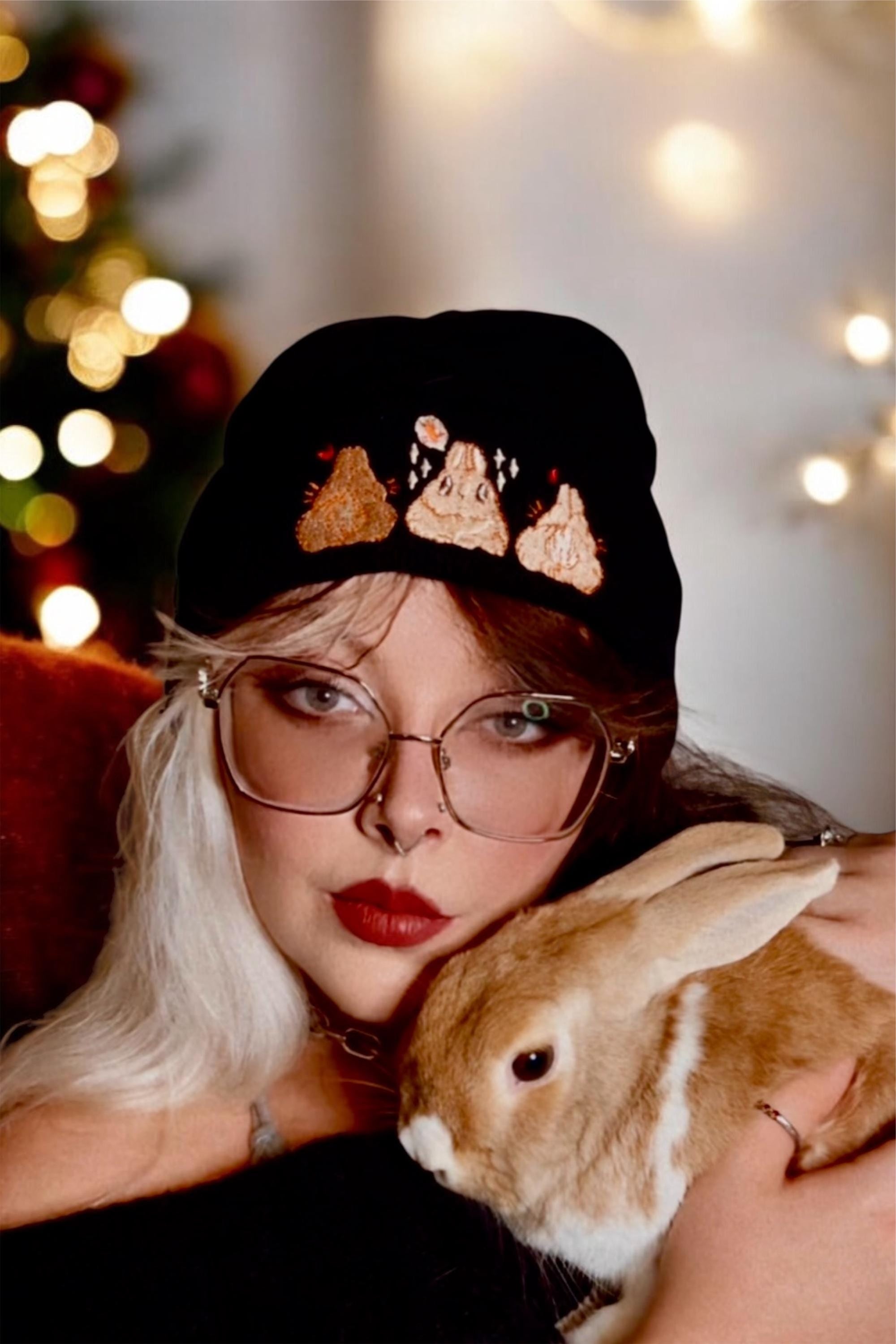 aborable kawaii THE BUNS (c) art rabbit bunny butt cute unique embroidered thermal hat black beanie featuring little hearts and a carrot.