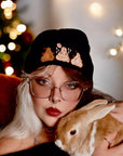 aborable kawaii THE BUNS (c) art rabbit bunny butt cute unique embroidered thermal hat black beanie featuring little hearts and a carrot.