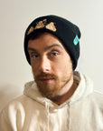 aborable kawaii THE BUNS (c) art rabbit bunny butt cute unique embroidered thermal hat black beanie featuring little hearts and a carrot.