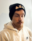 aborable kawaii THE BUNS (c) art rabbit bunny butt cute unique embroidered thermal hat black beanie featuring little hearts and a carrot.