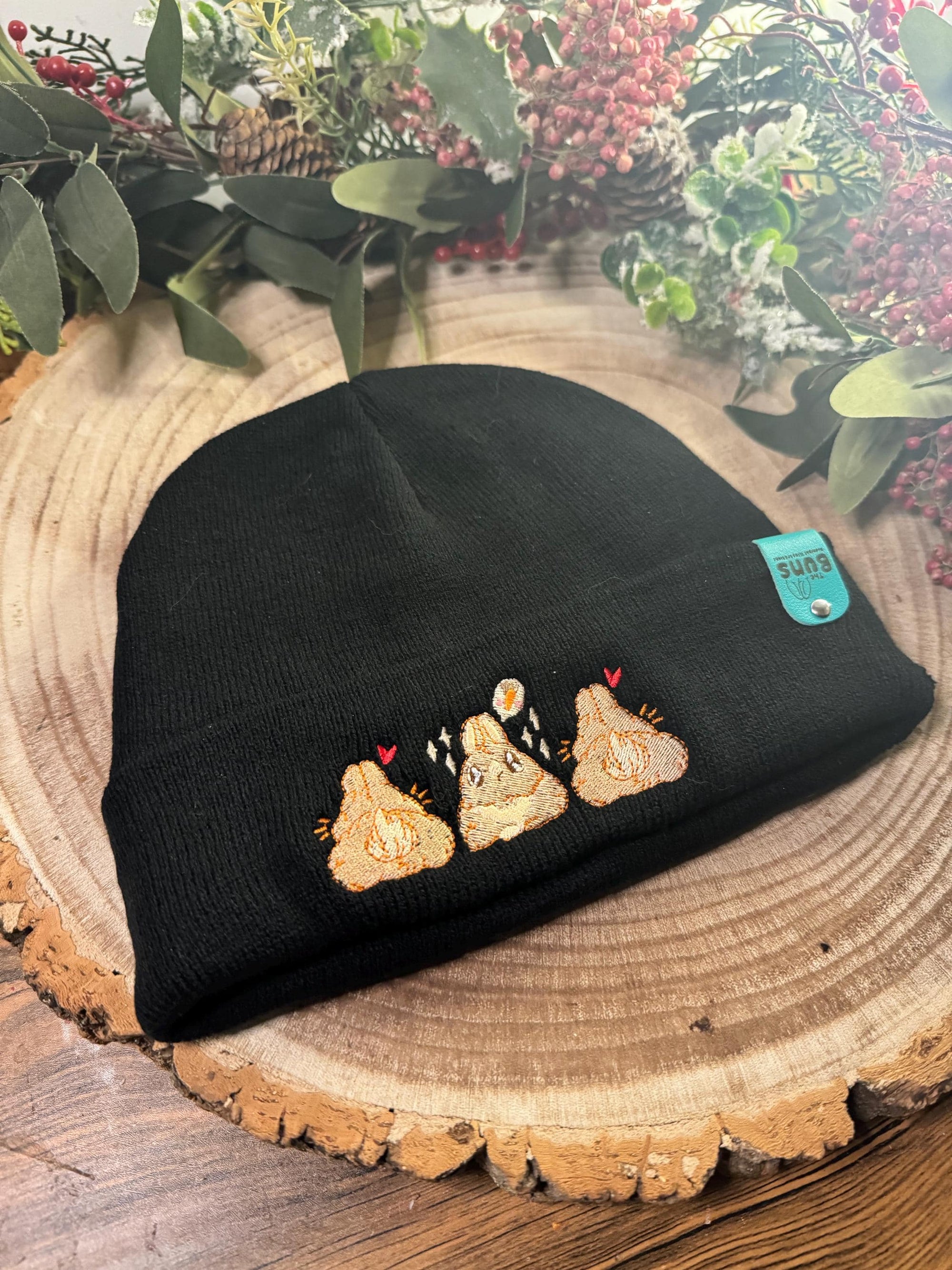 aborable kawaii THE BUNS (c) art rabbit bunny butt cute unique embroidered thermal hat black beanie featuring little hearts and a carrot.
