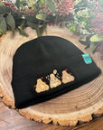 aborable kawaii THE BUNS (c) art rabbit bunny butt cute unique embroidered thermal hat black beanie featuring little hearts and a carrot.