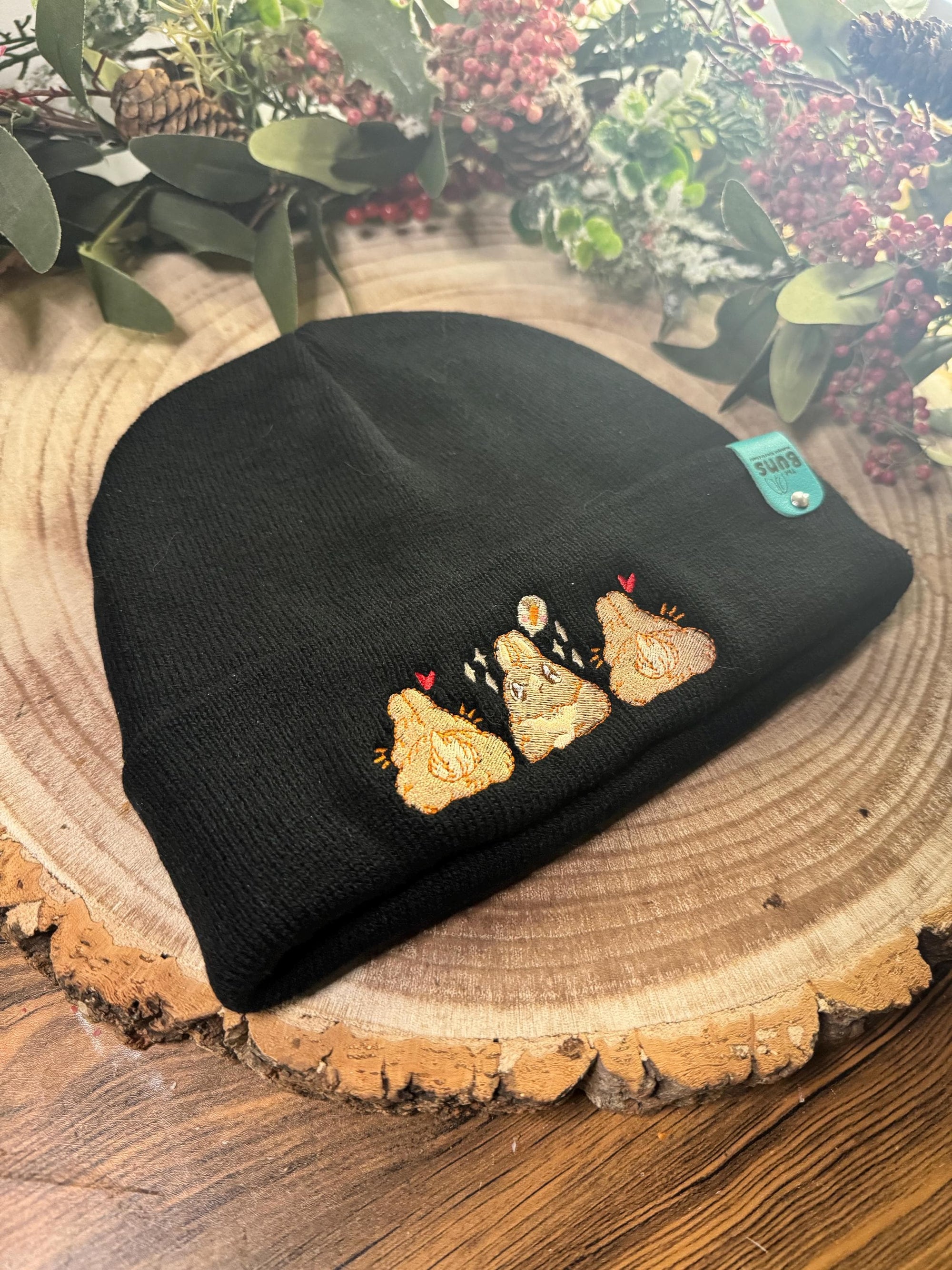 aborable kawaii THE BUNS (c) art rabbit bunny butt cute unique embroidered thermal hat black beanie featuring little hearts and a carrot.