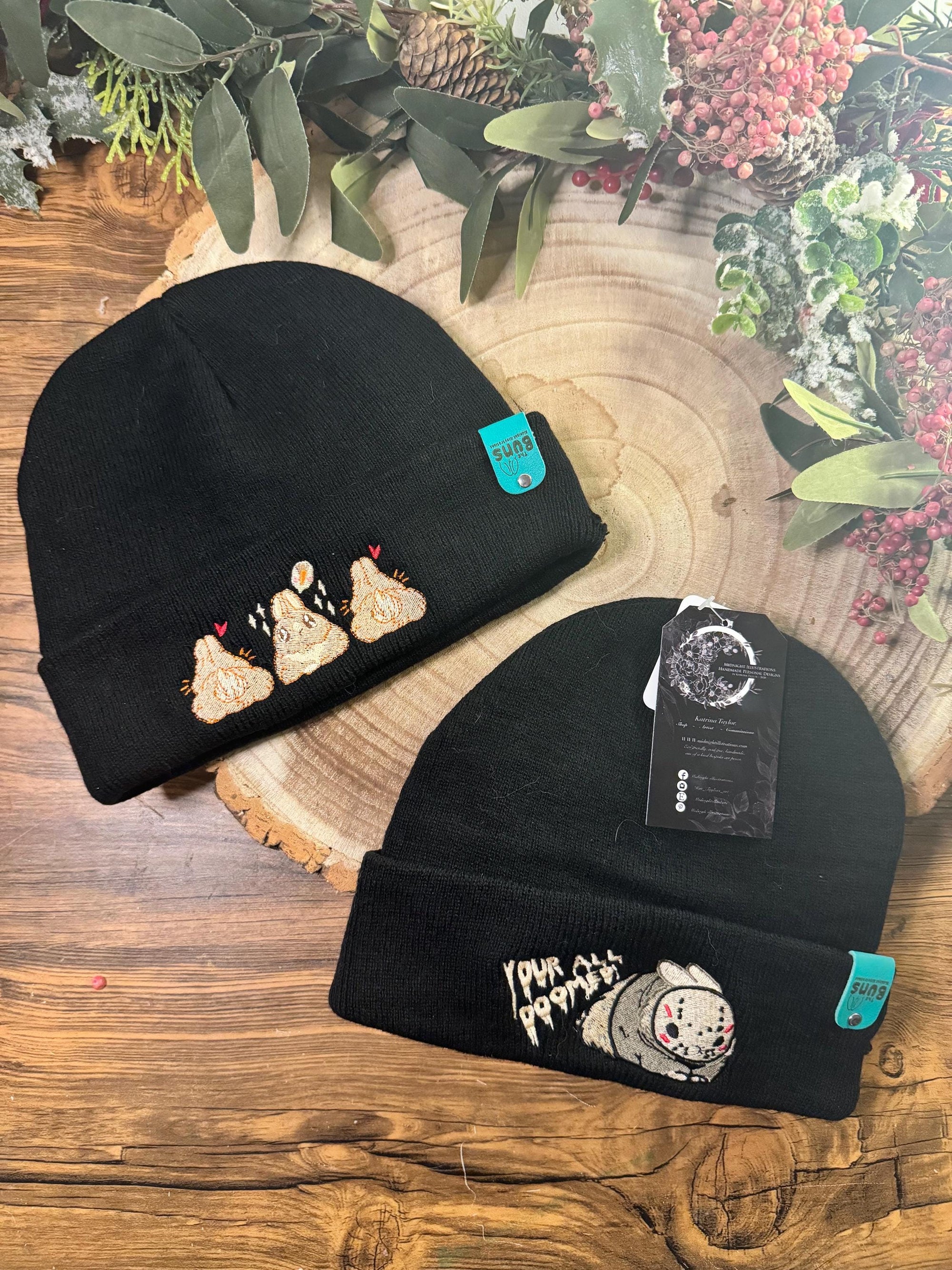 aborable kawaii THE BUNS (c) art rabbit bunny butt cute unique embroidered thermal hat black beanie featuring little hearts and a carrot.