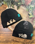 aborable kawaii THE BUNS (c) art rabbit bunny butt cute unique embroidered thermal hat black beanie featuring little hearts and a carrot.
