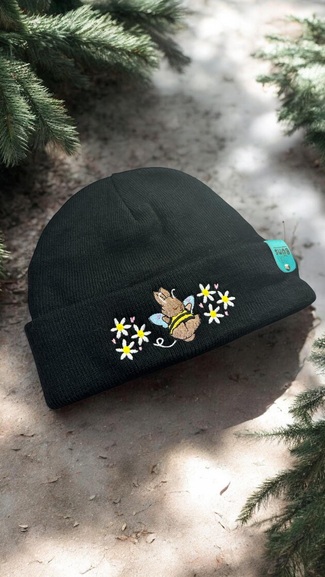 aborable THE BUNS (c) kawaii art rabbit cute spring bee bumble bun embroidered thermal hat black beanie featuring daisies