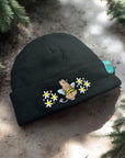 aborable THE BUNS (c) kawaii art rabbit cute spring bee bumble bun embroidered thermal hat black beanie featuring daisies