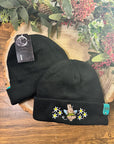 aborable THE BUNS (c) kawaii art rabbit cute spring bee bumble bun embroidered thermal hat black beanie featuring daisies