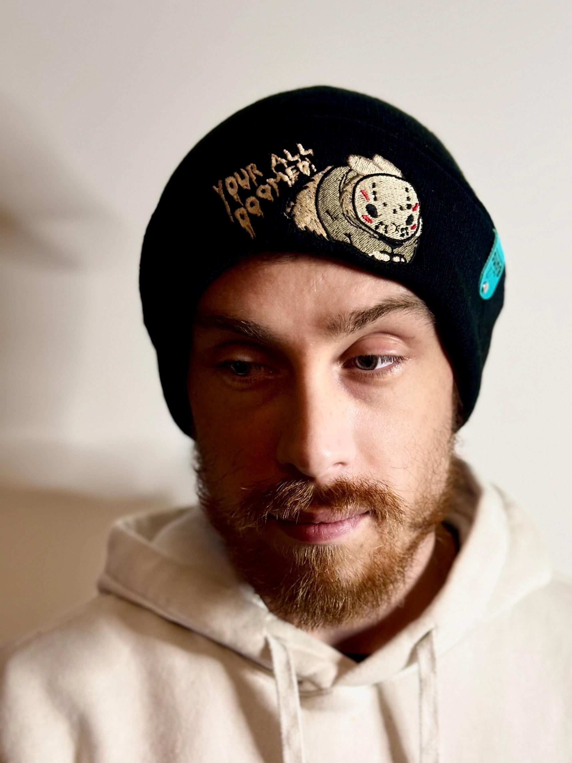 aborable THE BUNS (c) kawaii art rabbit cute horror Jason Friday the 13th inspired bun embroidered thermal hat black beanie creepy cute