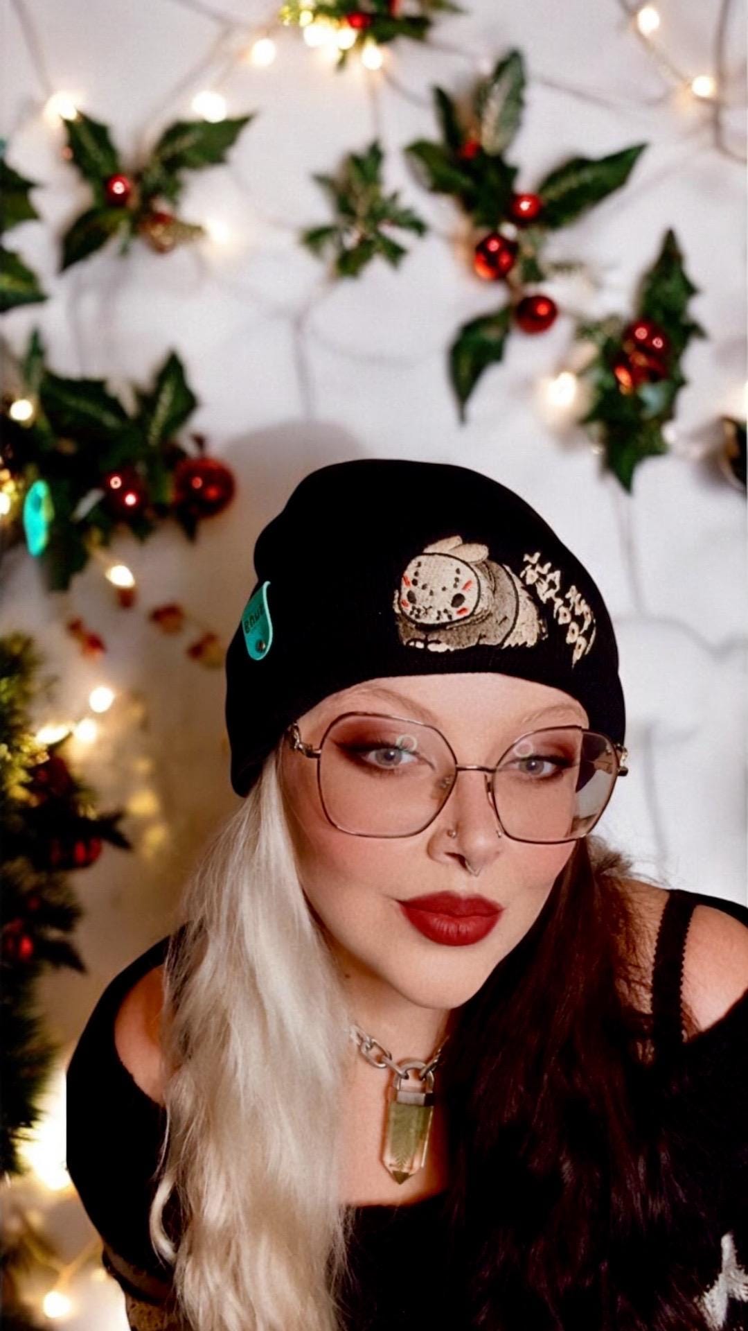 aborable THE BUNS (c) kawaii art rabbit cute horror Jason Friday the 13th inspired bun embroidered thermal hat black beanie creepy cute