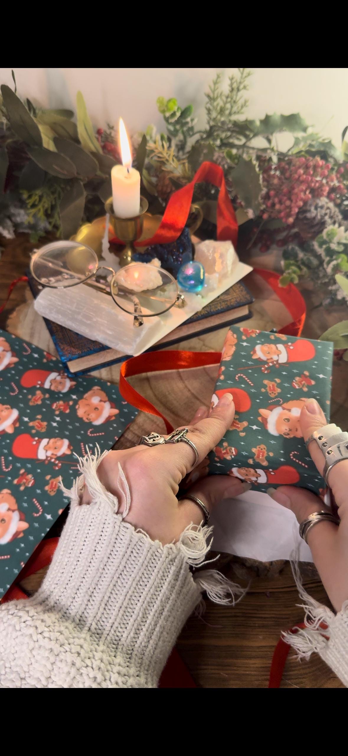 THE BUNS (c) adorable cute Christmas rabbits gift wrap wrapping paper in traditional holiday colours with buns in Santa hats and stockings