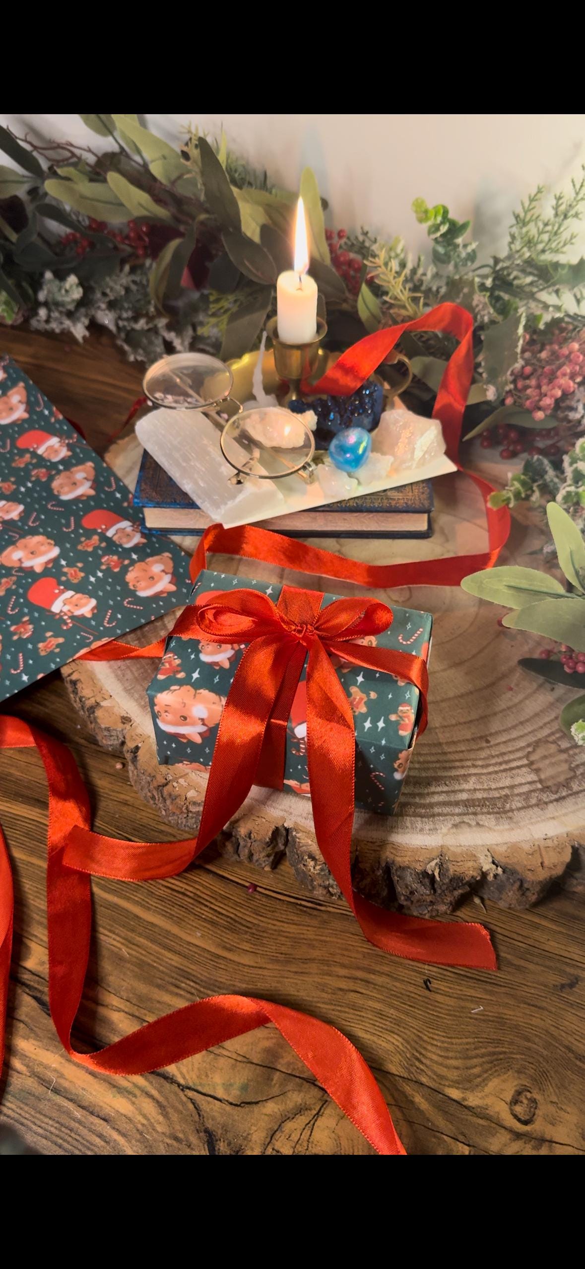 THE BUNS (c) adorable cute Christmas rabbits gift wrap wrapping paper in traditional holiday colours with buns in Santa hats and stockings