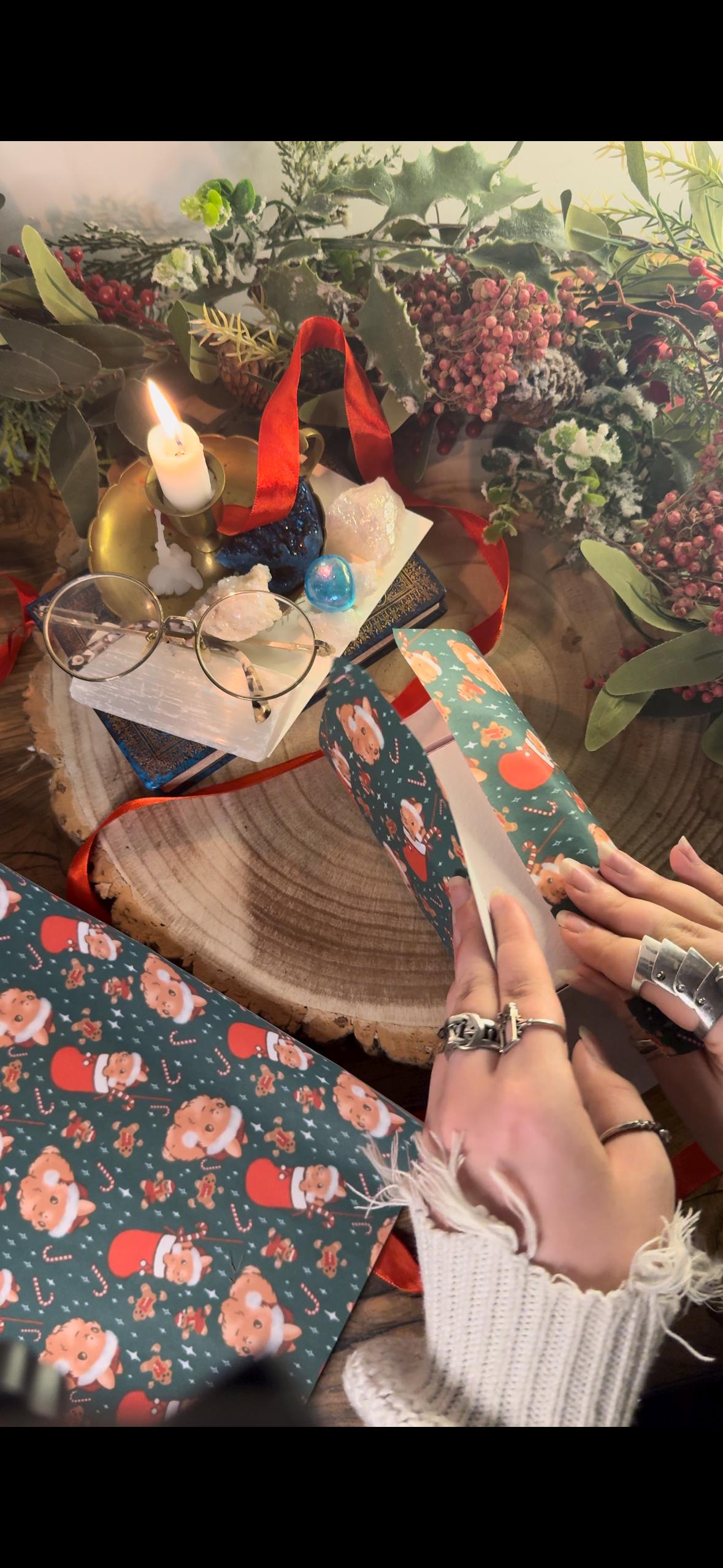 THE BUNS (c) adorable cute Christmas rabbits gift wrap wrapping paper in traditional holiday colours with buns in Santa hats and stockings