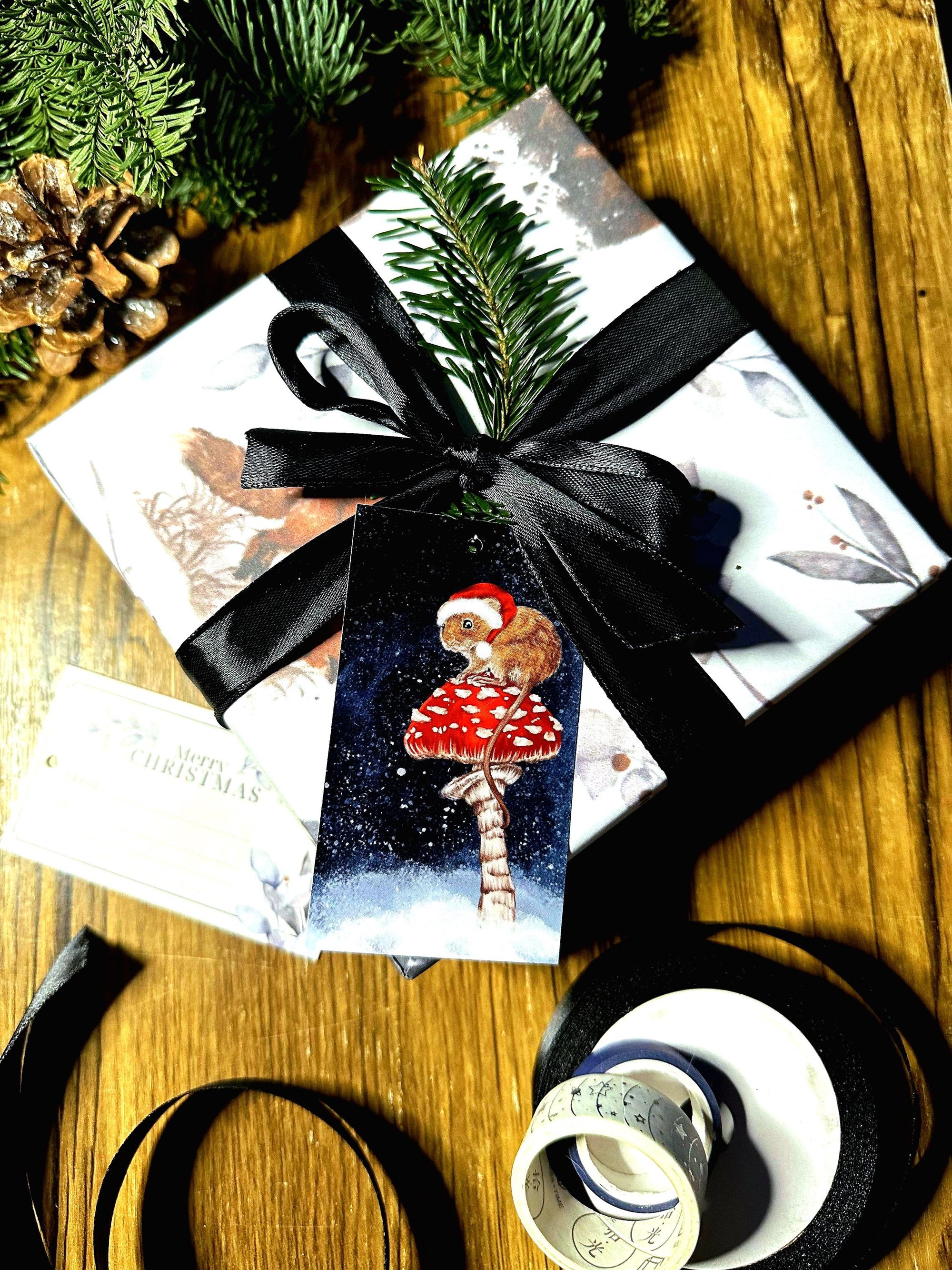 Adorable stylish winter woodlands Christmas gift wrap wrapping paper with mice mushrooms bears and foxes and foliage in cool simplistic blue