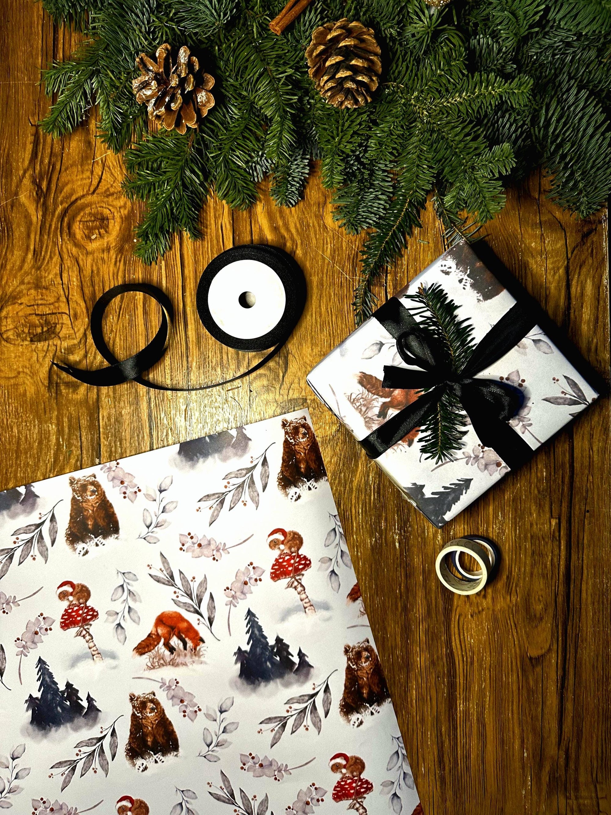 Adorable stylish winter woodlands Christmas gift wrap wrapping paper with mice mushrooms bears and foxes and foliage in cool simplistic blue