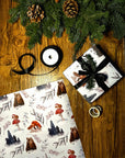 Adorable stylish winter woodlands Christmas gift wrap wrapping paper with mice mushrooms bears and foxes and foliage in cool simplistic blue