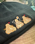 aborable kawaii THE BUNS (c) art rabbit bunny butt cute unique embroidered thermal hat black beanie featuring little hearts and a carrot.