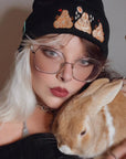 aborable kawaii THE BUNS (c) art rabbit bunny butt cute unique embroidered thermal hat black beanie featuring little hearts and a carrot.