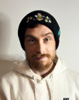aborable THE BUNS (c) kawaii art rabbit cute spring bee bumble bun embroidered thermal hat black beanie featuring daisies
