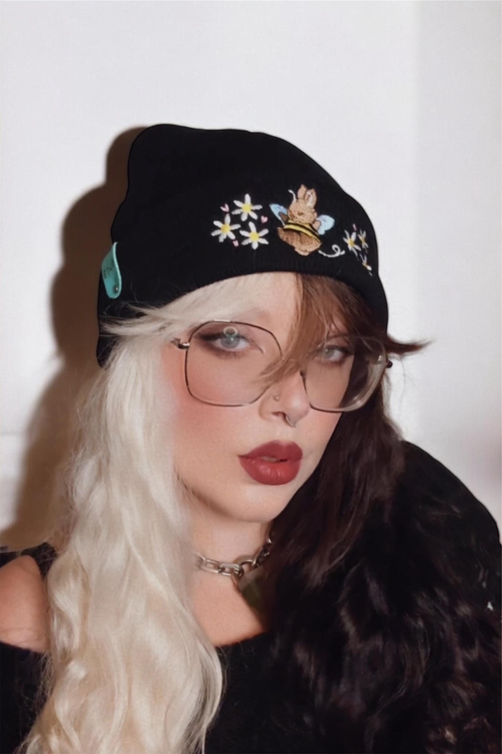 aborable THE BUNS (c) kawaii art rabbit cute spring bee bumble bun embroidered thermal hat black beanie featuring daisies