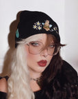 aborable THE BUNS (c) kawaii art rabbit cute spring bee bumble bun embroidered thermal hat black beanie featuring daisies