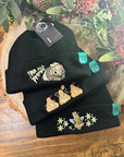 aborable THE BUNS (c) kawaii art rabbit cute spring bee bumble bun embroidered thermal hat black beanie featuring daisies