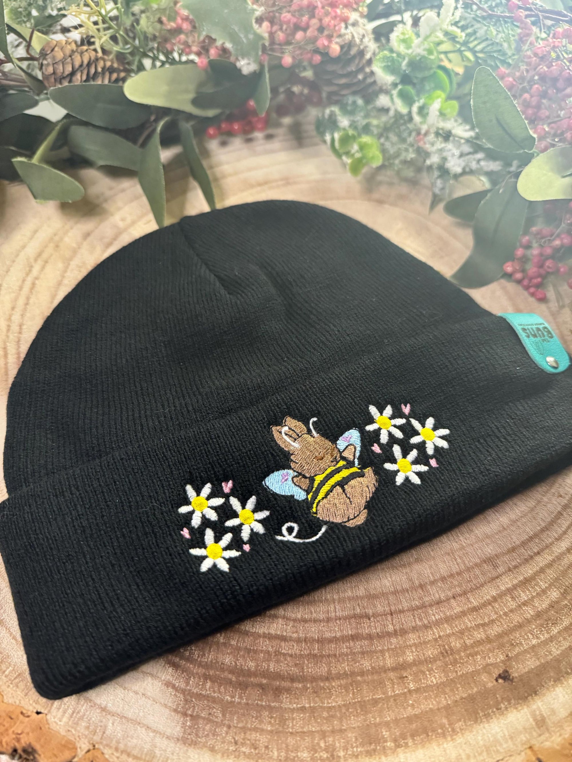 aborable THE BUNS (c) kawaii art rabbit cute spring bee bumble bun embroidered thermal hat black beanie featuring daisies