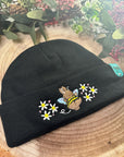 aborable THE BUNS (c) kawaii art rabbit cute spring bee bumble bun embroidered thermal hat black beanie featuring daisies