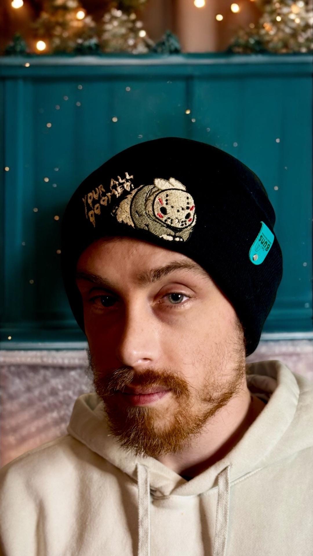 aborable THE BUNS (c) kawaii art rabbit cute horror Jason Friday the 13th inspired bun embroidered thermal hat black beanie creepy cute