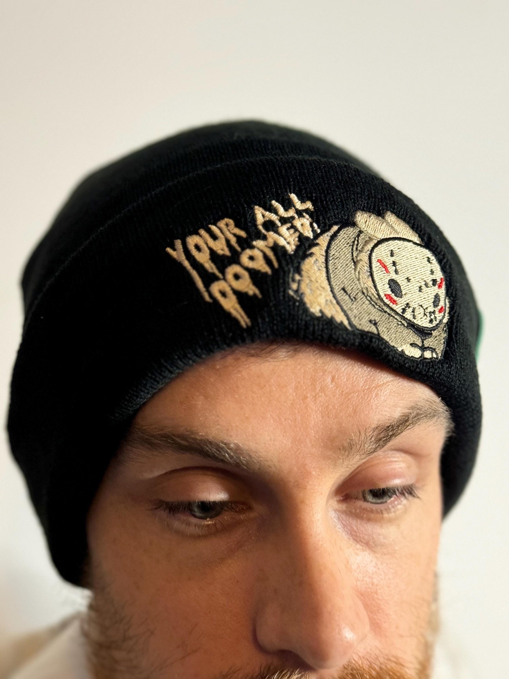 aborable THE BUNS (c) kawaii art rabbit cute horror Jason Friday the 13th inspired bun embroidered thermal hat black beanie creepy cute