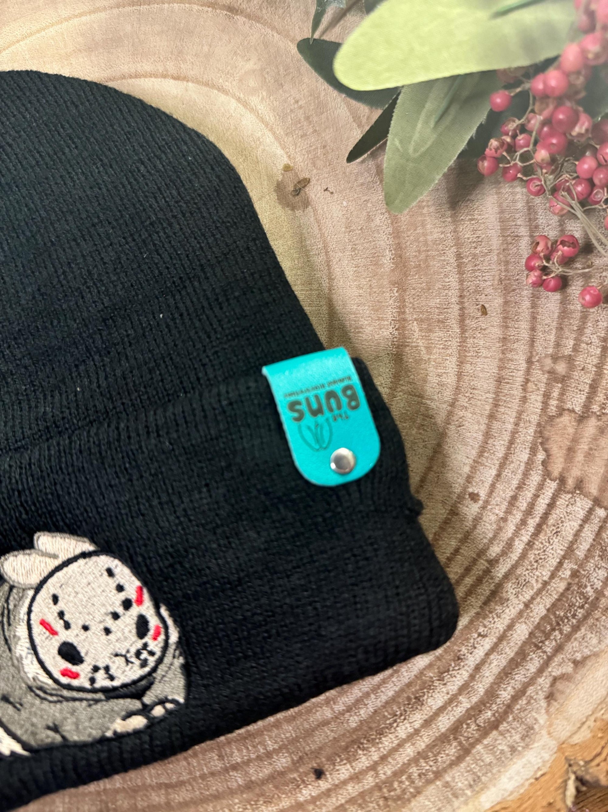 aborable THE BUNS (c) kawaii art rabbit cute horror Jason Friday the 13th inspired bun embroidered thermal hat black beanie creepy cute