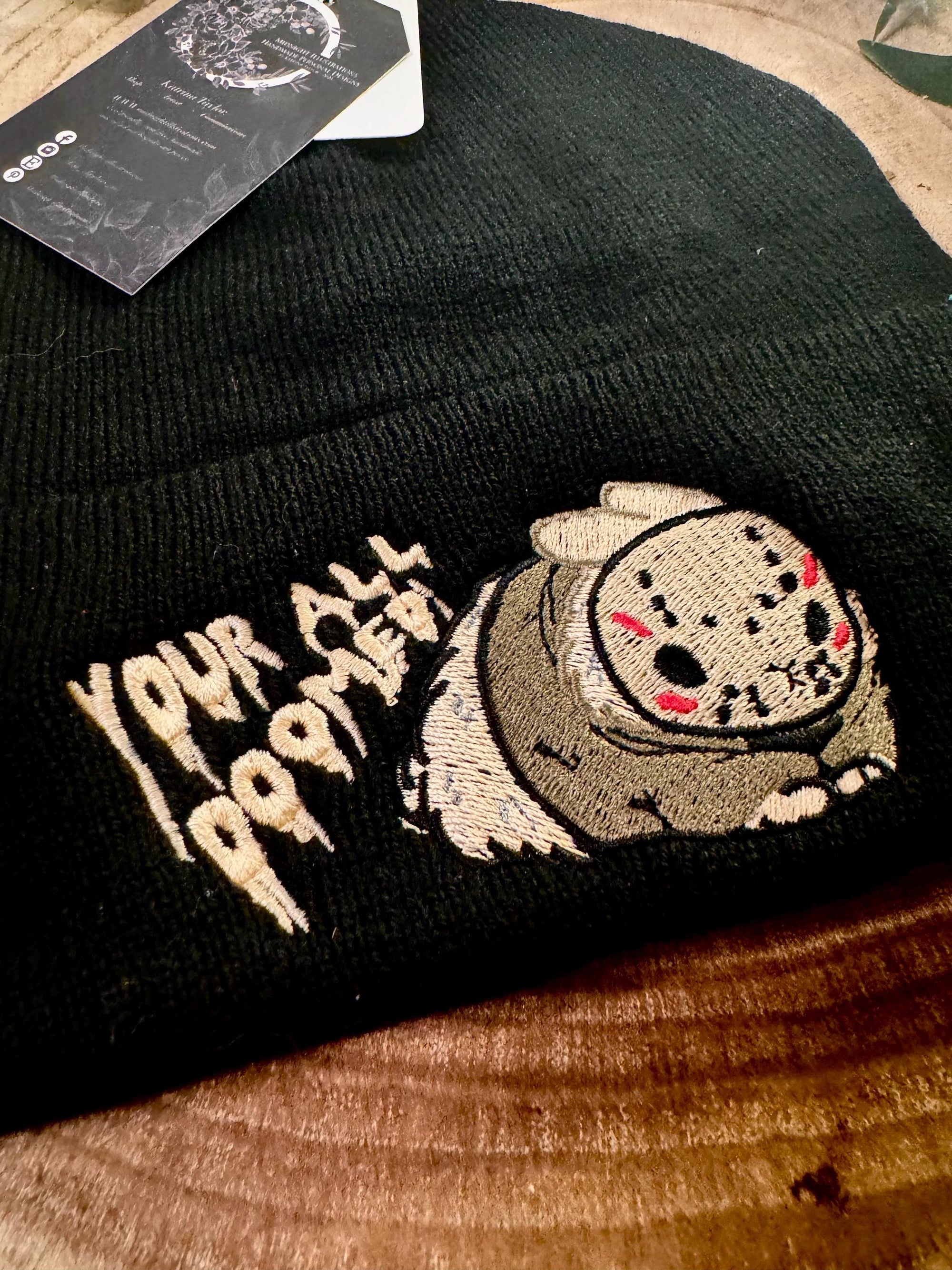 aborable THE BUNS (c) kawaii art rabbit cute horror Jason Friday the 13th inspired bun embroidered thermal hat black beanie creepy cute