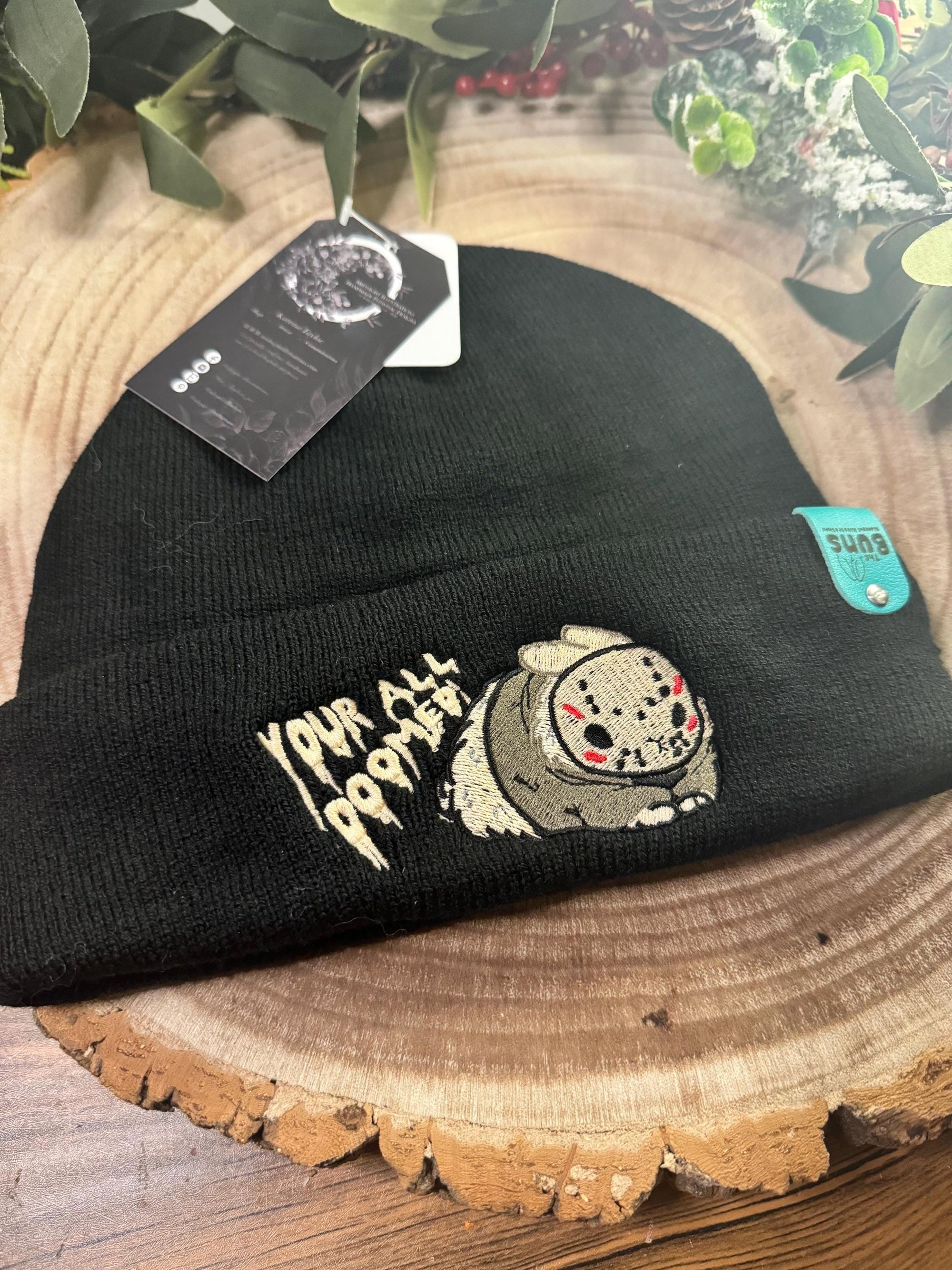 aborable THE BUNS (c) kawaii art rabbit cute horror Jason Friday the 13th inspired bun embroidered thermal hat black beanie creepy cute