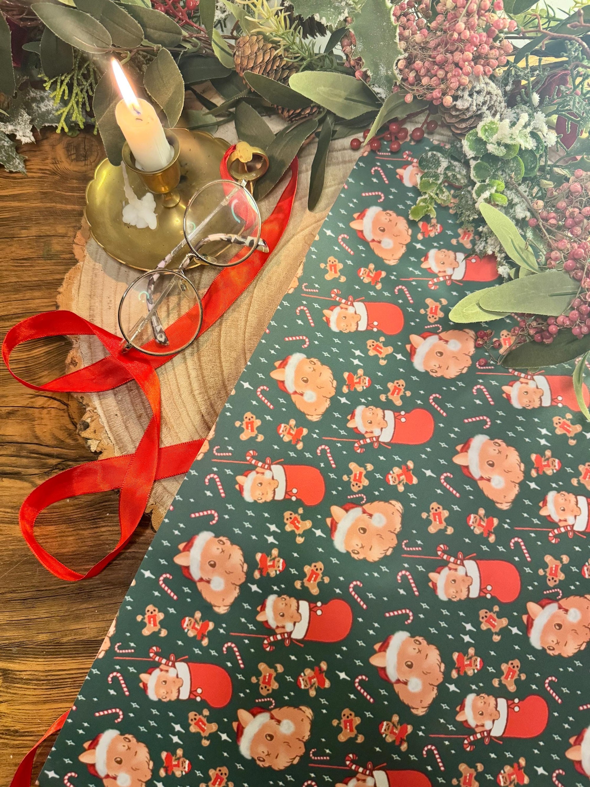 THE BUNS (c) adorable cute Christmas rabbits gift wrap wrapping paper in traditional holiday colours with buns in Santa hats and stockings