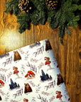 Adorable stylish winter woodlands Christmas gift wrap wrapping paper with mice mushrooms bears and foxes and foliage in cool simplistic blue