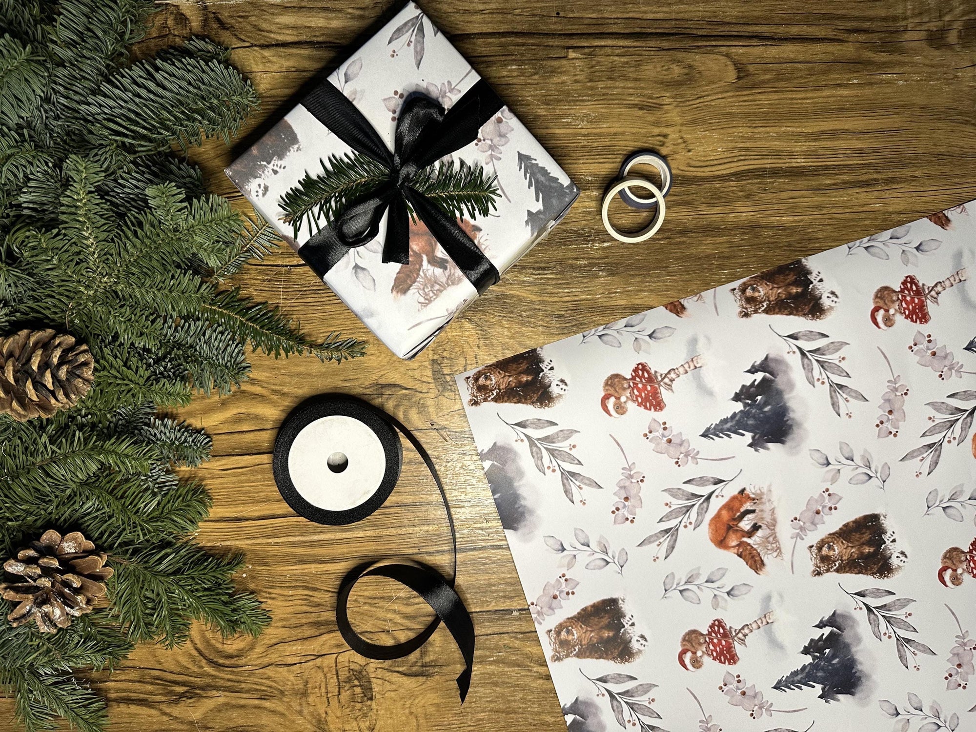 Adorable stylish winter woodlands Christmas gift wrap wrapping paper with mice mushrooms bears and foxes and foliage in cool simplistic blue