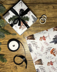Adorable stylish winter woodlands Christmas gift wrap wrapping paper with mice mushrooms bears and foxes and foliage in cool simplistic blue